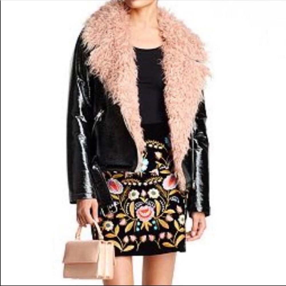 Sunset + Spring pink faux fur Moto jacket